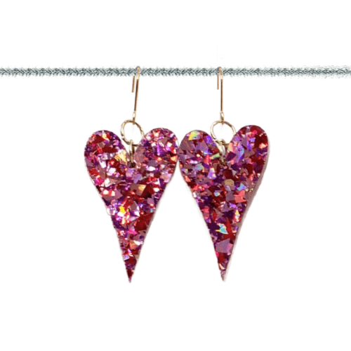 Pink glitter heart acrylic dangle earrings with hypoallergenic findings