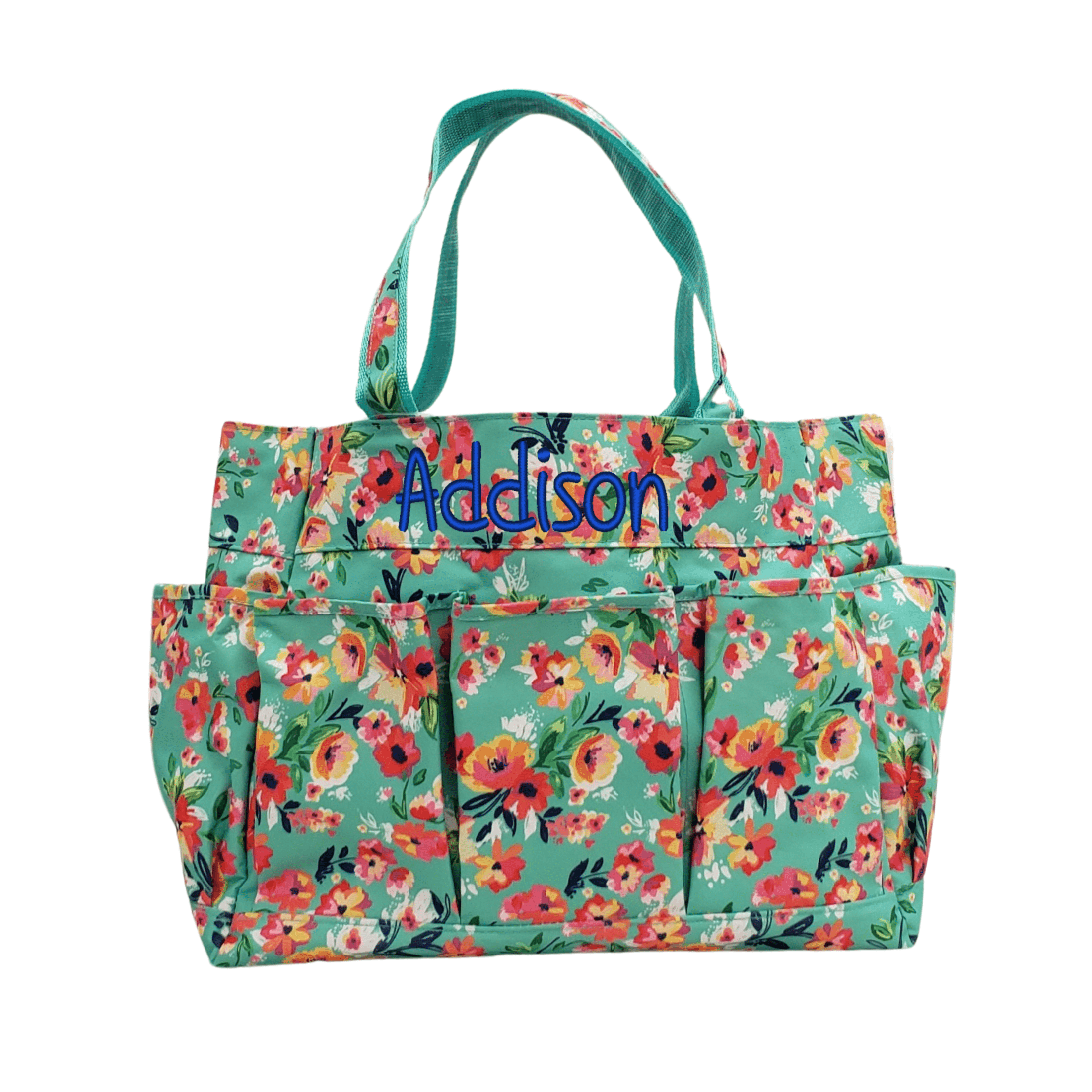 Green Floral carryall tote embroidered with the name Addison in royal blue Edward Font