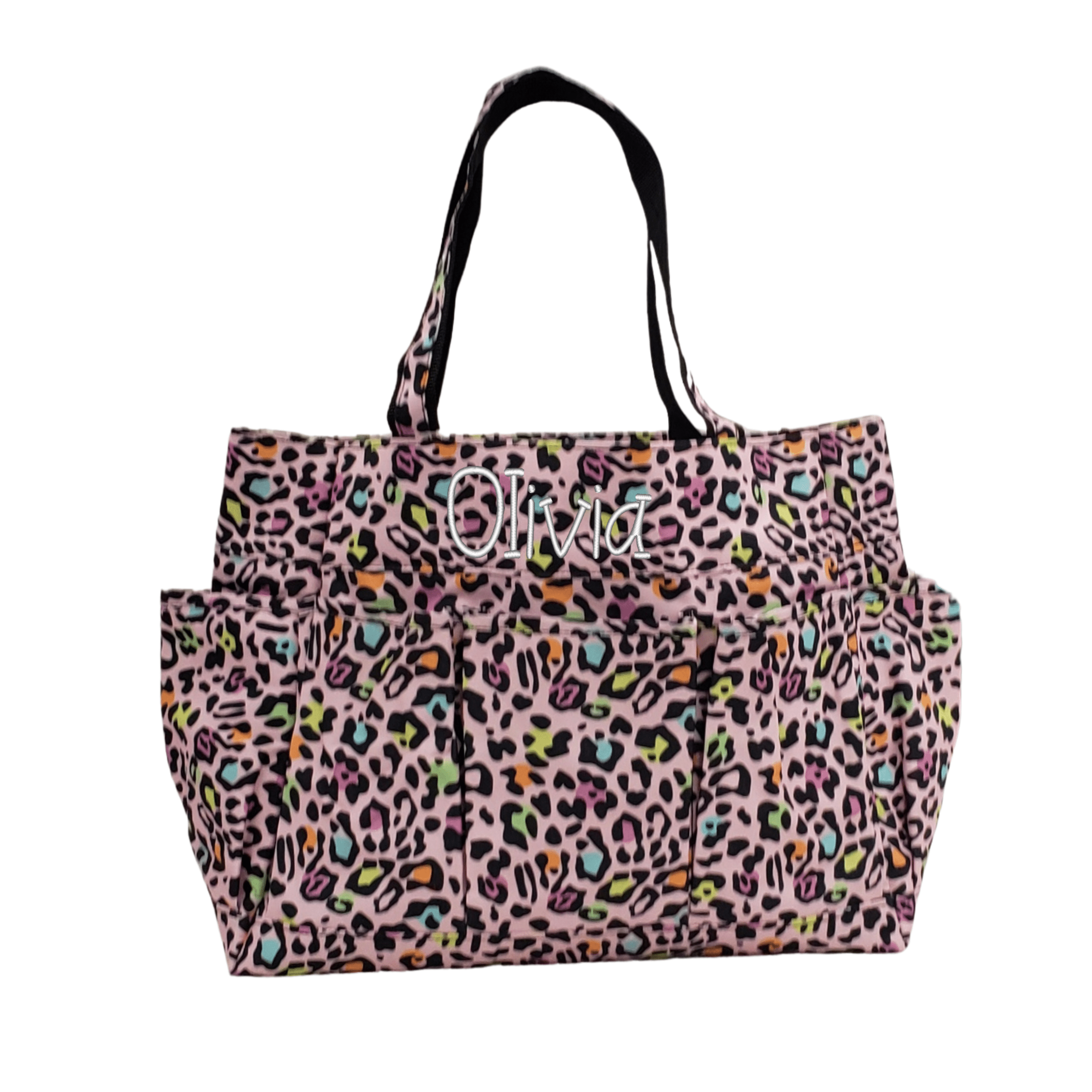 Pink Leopard carryall tote embroidered with the name Olivia in white Leighton font