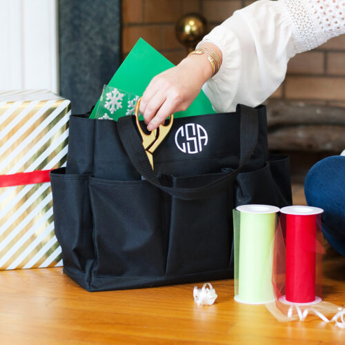 Black carryall tote with name or monogram of your choice in several fonts and thread colors, bags available in black, mint, hot pink, navy, leopard and gray stripe prints