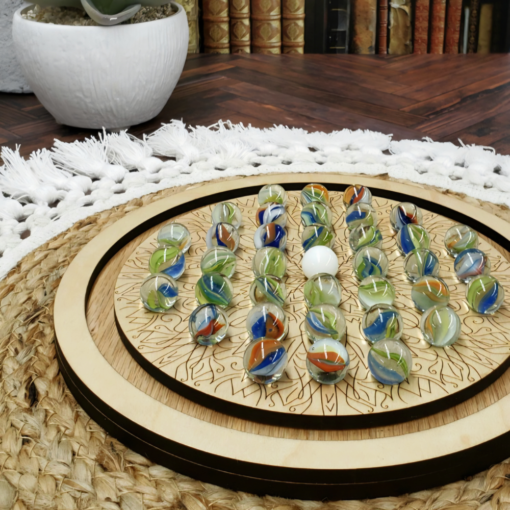 maple abstract solitaire heirloom wooden marble solitaire game with multicolor marbles