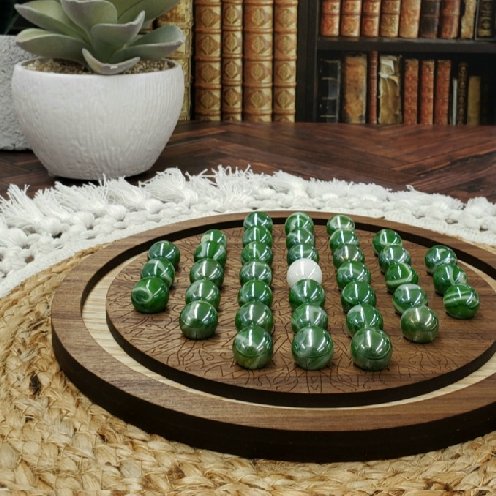 walnut abstract solitaire heirloom wooden marble solitaire game with green marbles