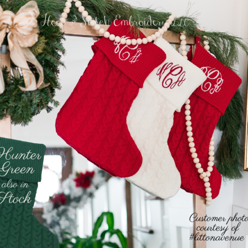 Personalized cable knit Christmas stocking with embroidered name or monogram