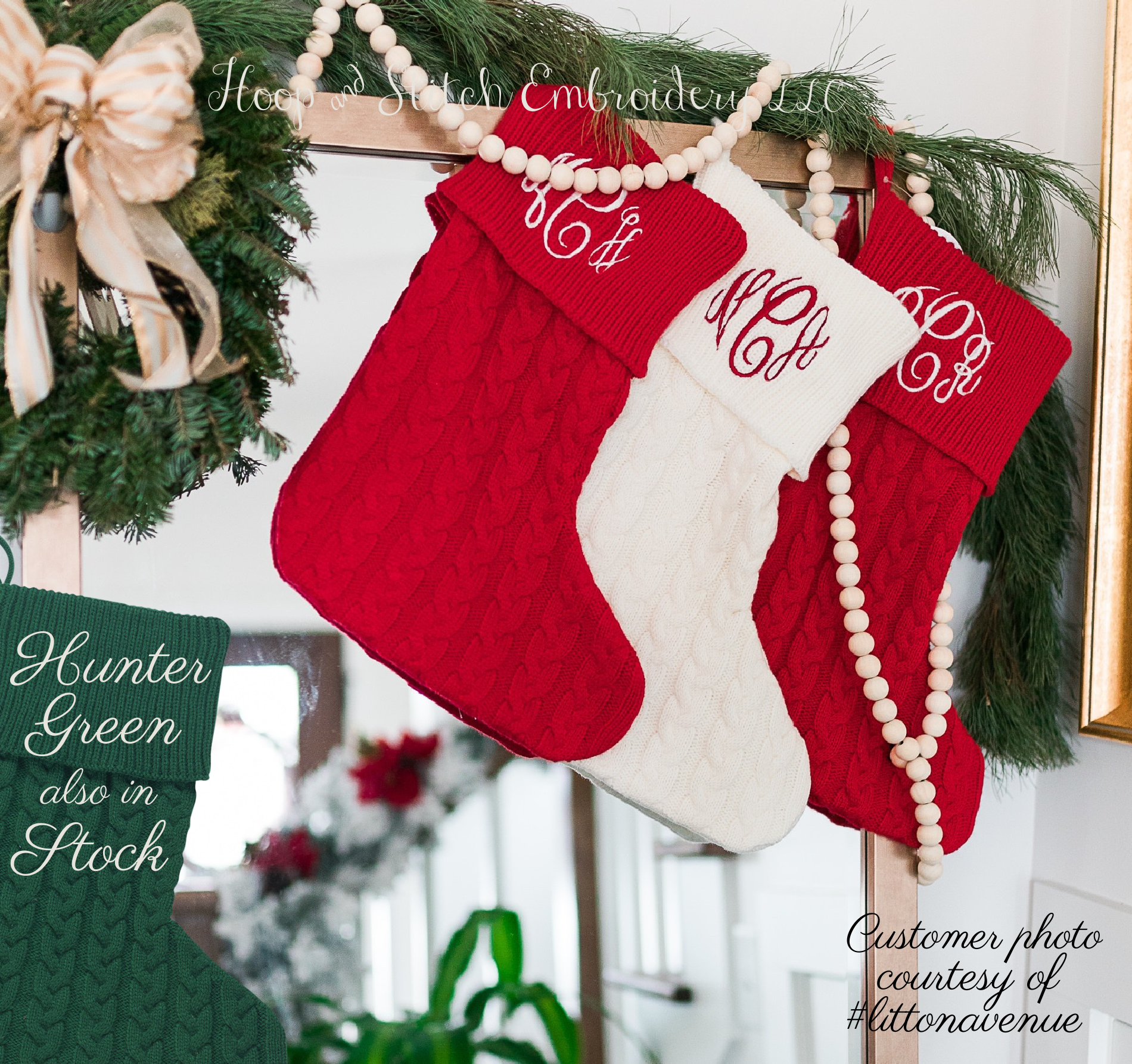 Personalized cable knit Christmas stocking with embroidered name or monogram