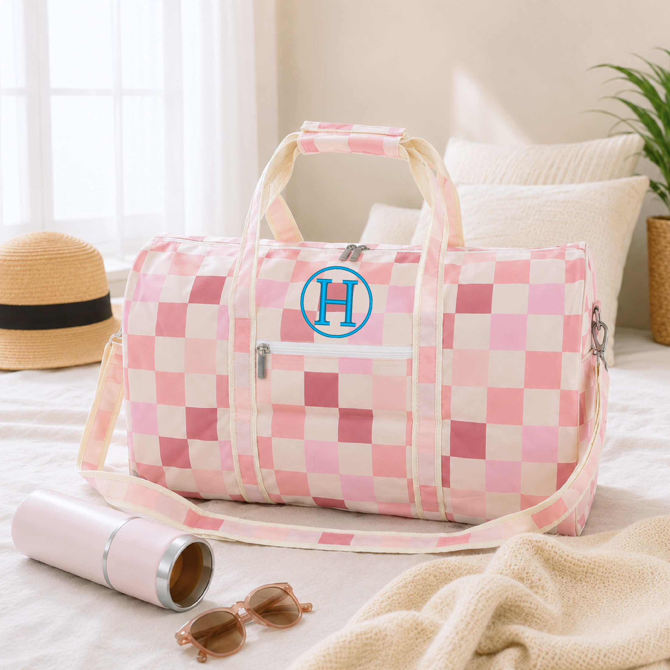 Personalized Blush Check Duffel Bag - Image 3