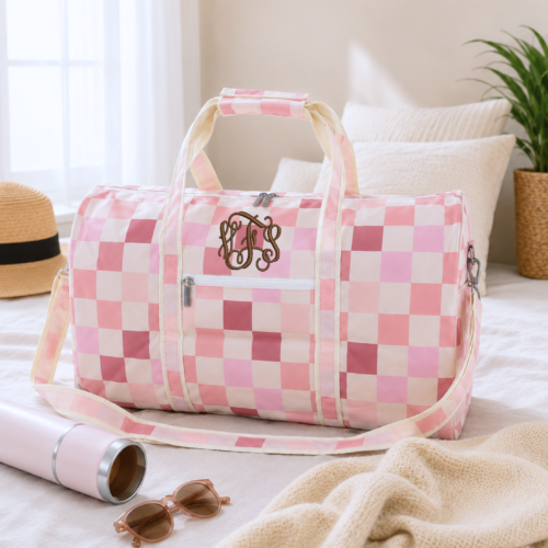 Personalized Blush Check Duffel Bag