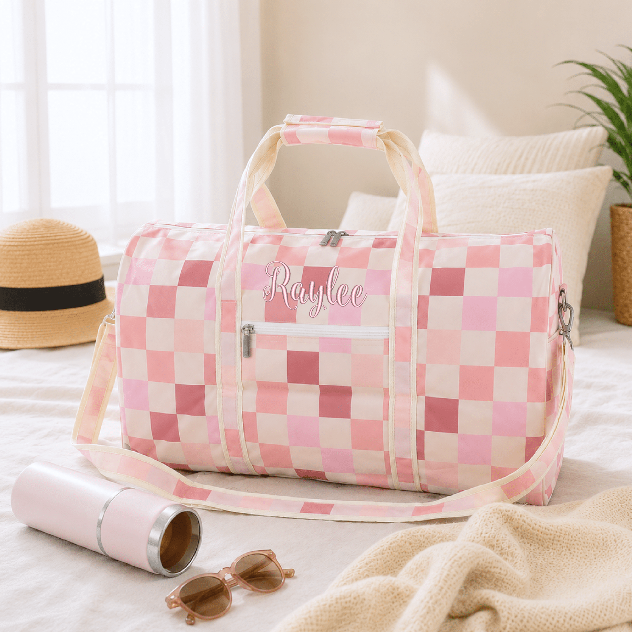 Personalized Blush Check Duffel Bag - Image 6