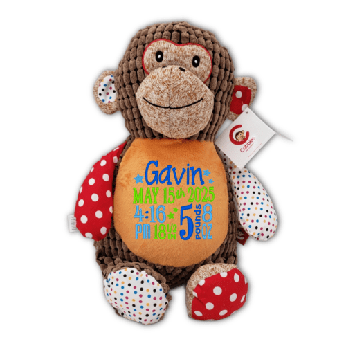 Personalized Monkey Harlequin Cubbies plush animal embroidered with baby name and birth statistics