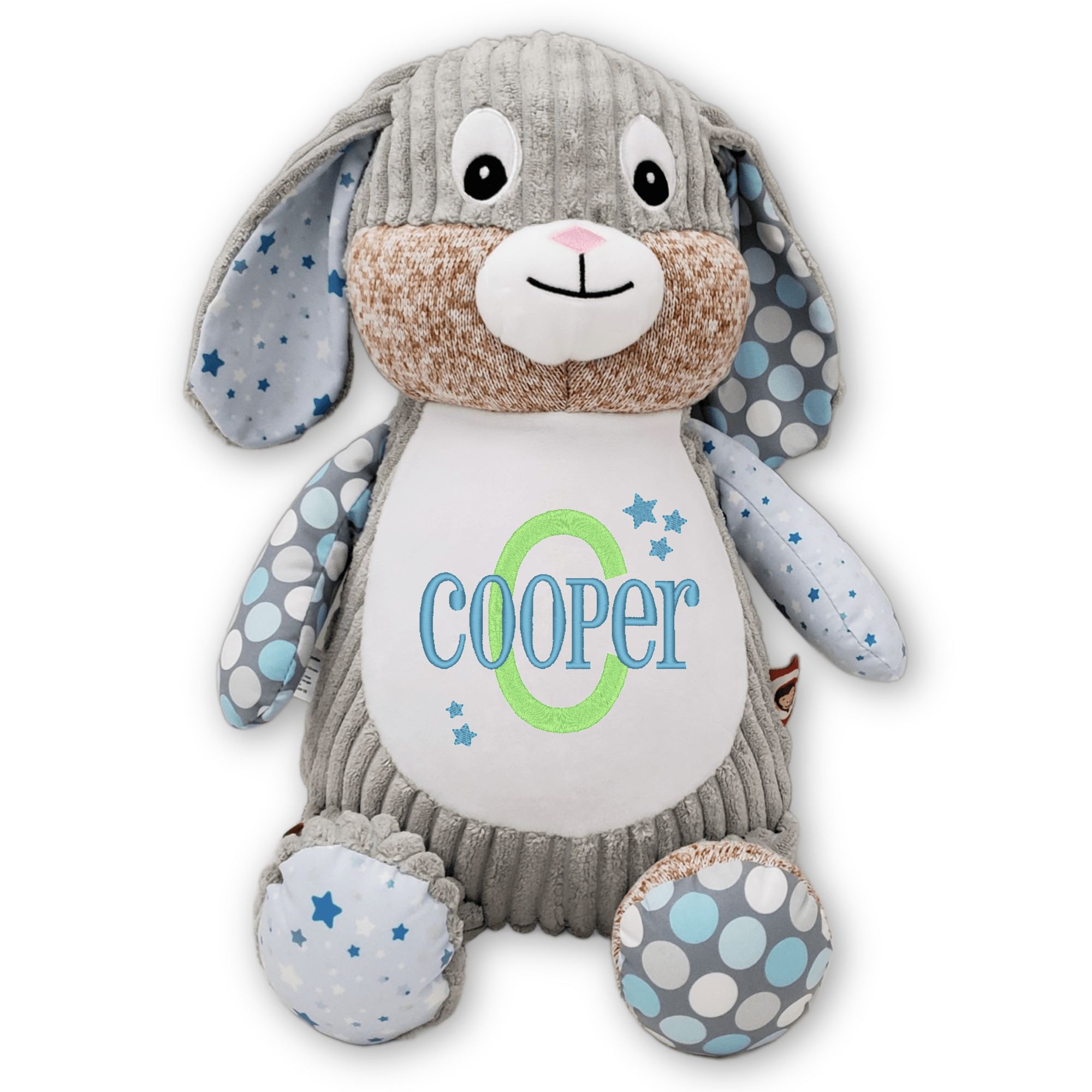 Blue Star Bunny personalized Cubbies Harlequin plush with custom embroidery