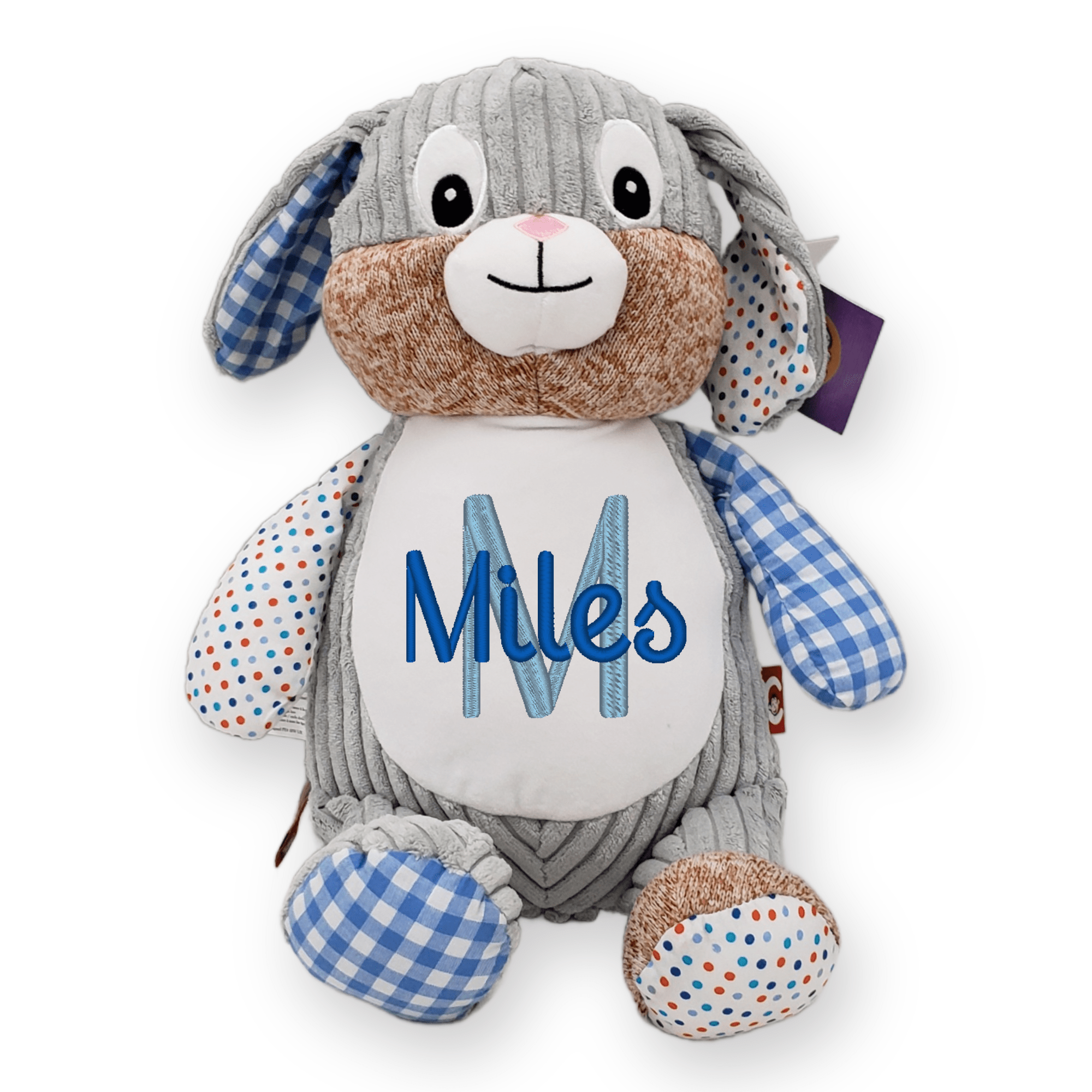 Blue Check Bunny personalized Cubbies Harlequin plush with custom embroidered belly
