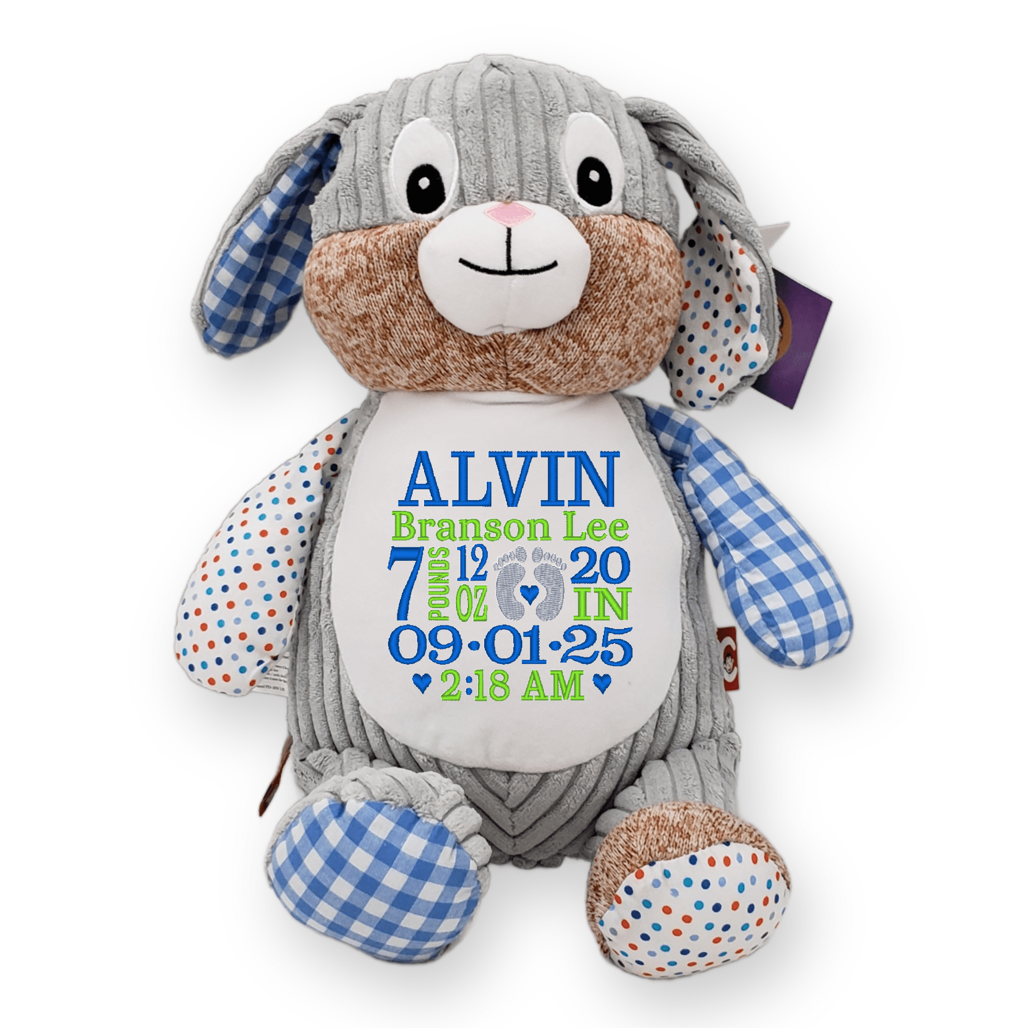 Blue Check Bunny Personalized Cubbies Harlequin Plush with Custom Embroidery - Image 2