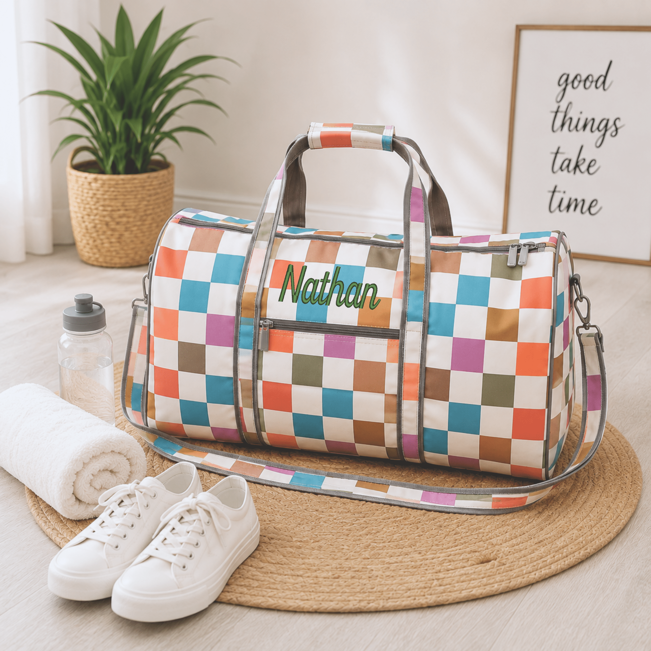 earthtone check duffel 5