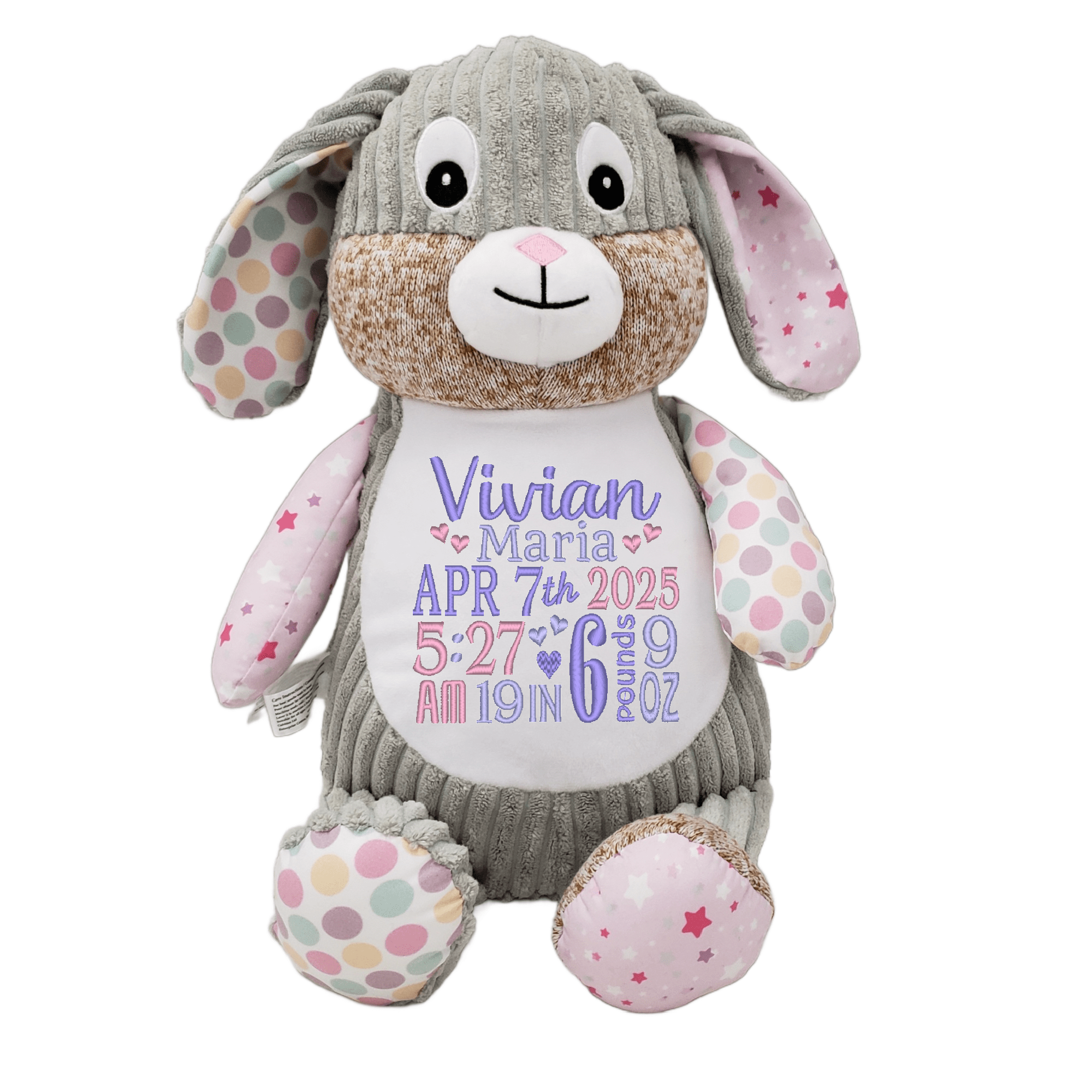 Pink Star Bunny Personalized Cubbies Harlequin Plush with Custom Embroidery - Image 2