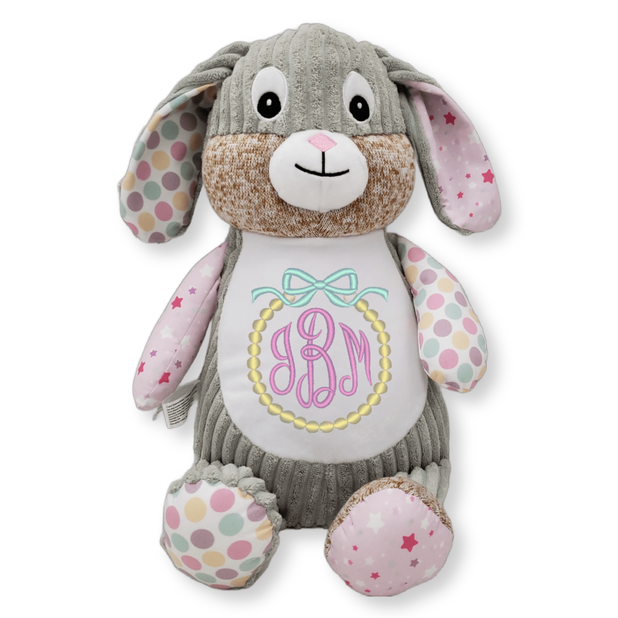 Pink Star Bunny personalized Cubbies Harlequin plush with custom embroidered belly